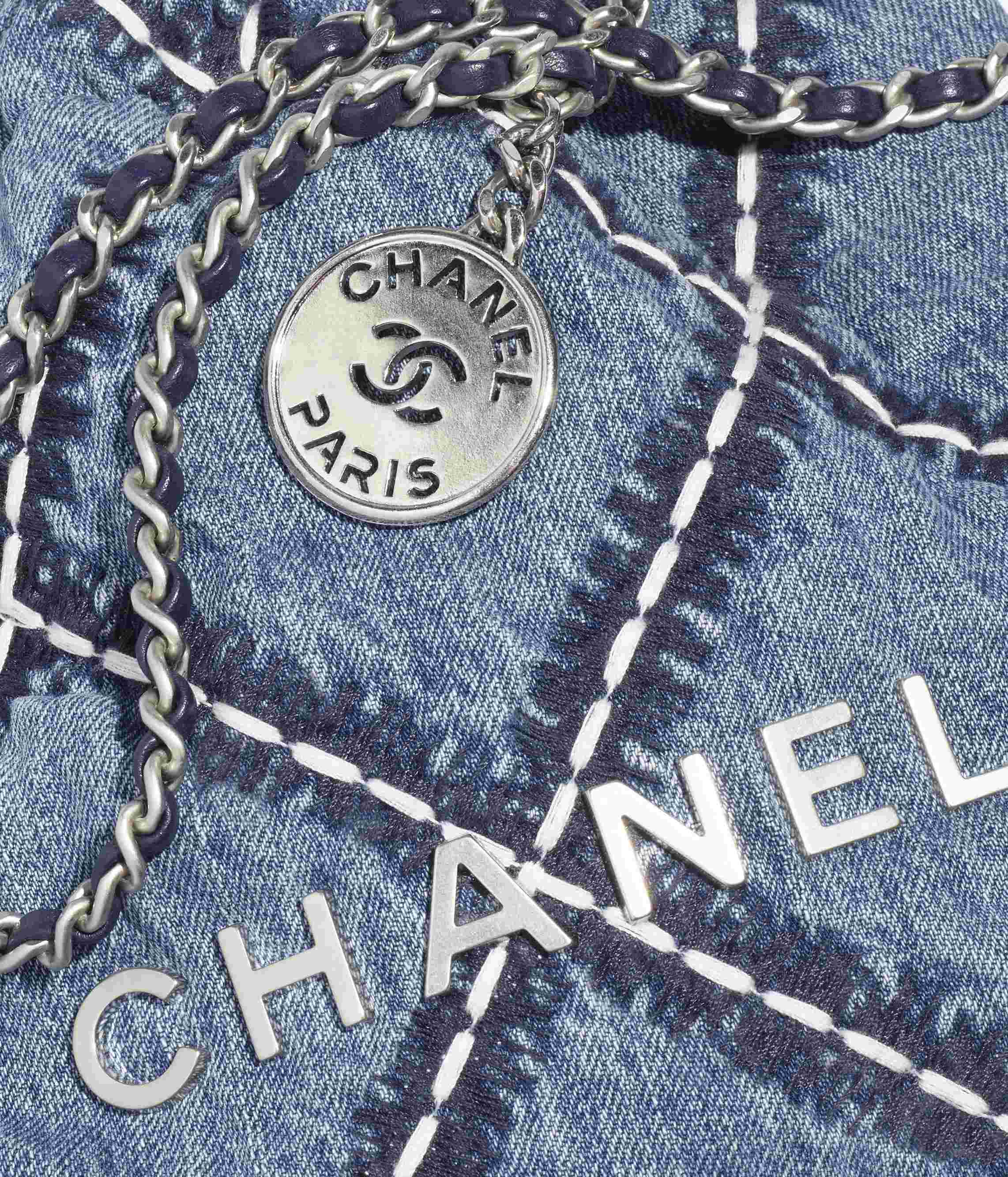 CHANEL 22 MINI HANDBAG Stitched Denim & Silver-Tone Metal Blue