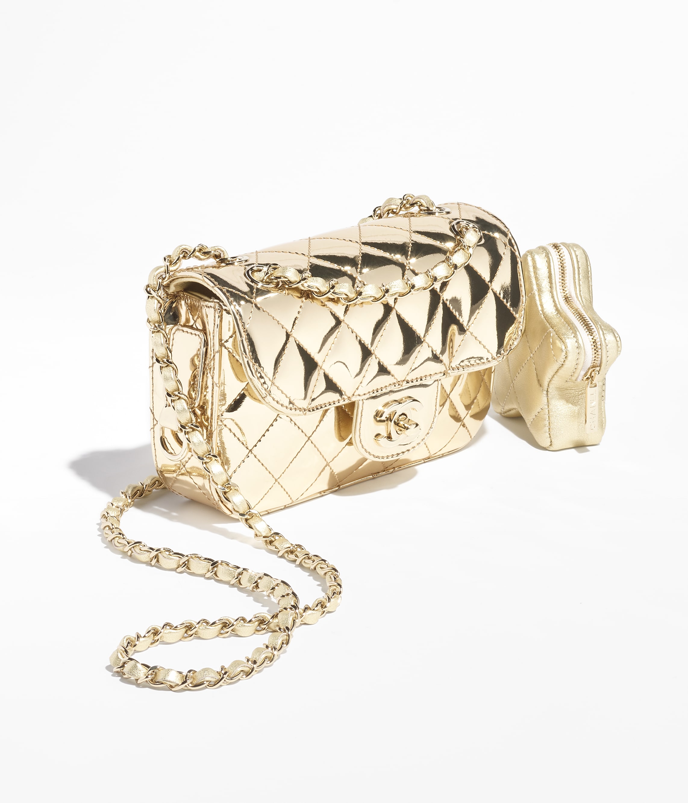 CHANEL MINI FLAP BAG & STAR COIN PURSE Mirror Calfskin, Metallic Calfskin & Gold-Tone Metal Light Gold