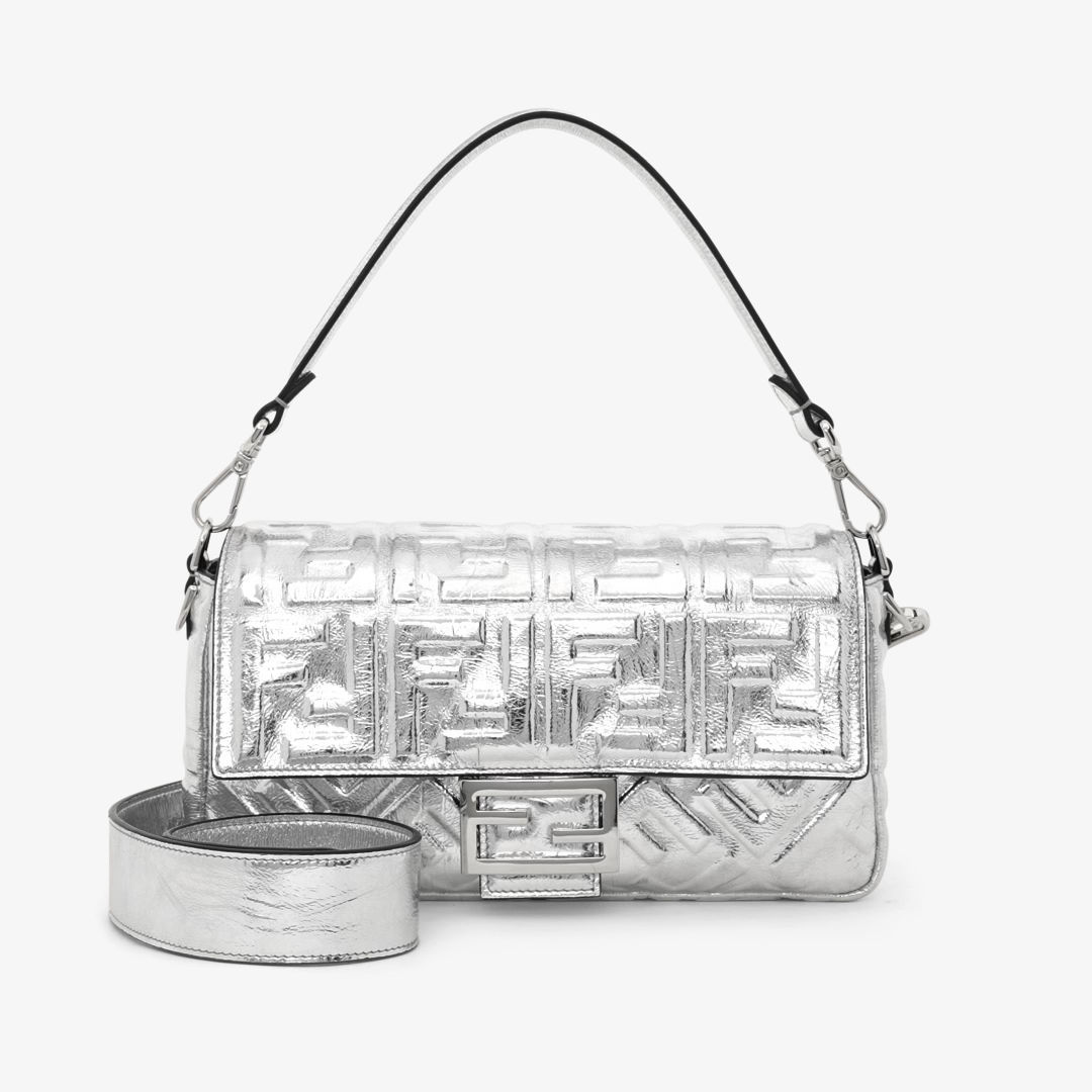 FENDI Baguette Silver craquelé leather bag with FF motif
